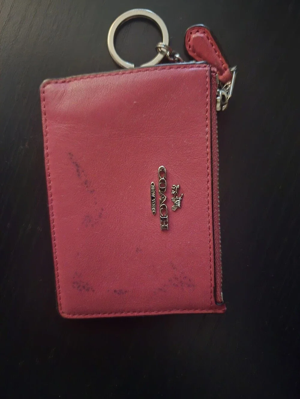 Coach Hot Pink Leather Zip Card Case with Key Ring